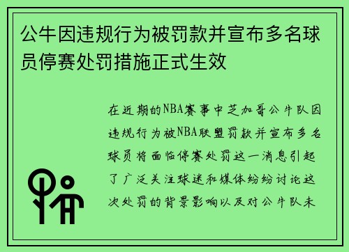 公牛因违规行为被罚款并宣布多名球员停赛处罚措施正式生效