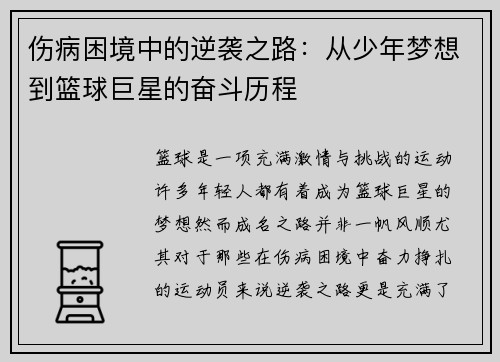 伤病困境中的逆袭之路:从少年梦想到篮球巨星的奋斗历程 伤病困境中的逆袭之路:从少年梦想到篮球巨星的奋斗历程