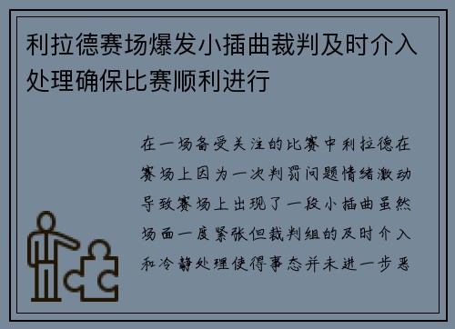利拉德赛场爆发小插曲裁判及时介入处理确保比赛顺利进行