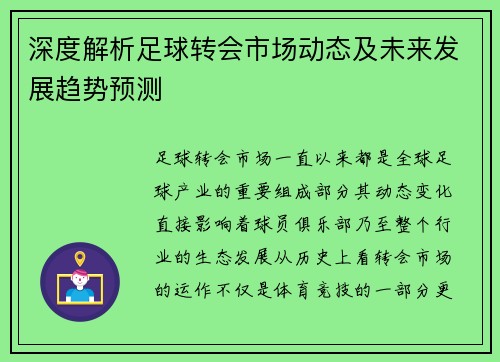 深度解析足球转会市场动态及未来发展趋势预测 深度解析足球转会市场动态及未来发展趋势预测