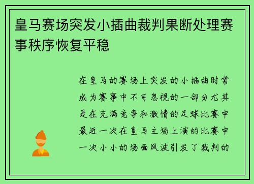 皇马赛场突发小插曲裁判果断处理赛事秩序恢复平稳 皇马赛场突发小插曲裁判果断处理赛事秩序恢复平稳